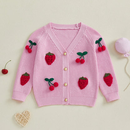 Cherry Knit Button-Up Cardigan for Toddlers and Kids – Soft V-Neck Sweater