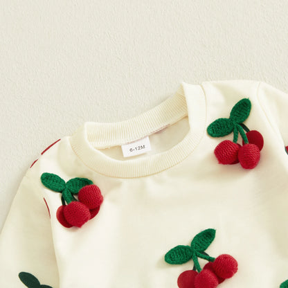 Textured Cherry Sweatshirt & Flared Denim Pants Set for Girls