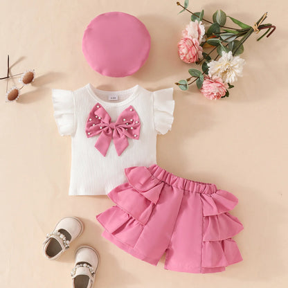 Floral Appliqué Ribbed Top & Pleated Shorts Set for Girls