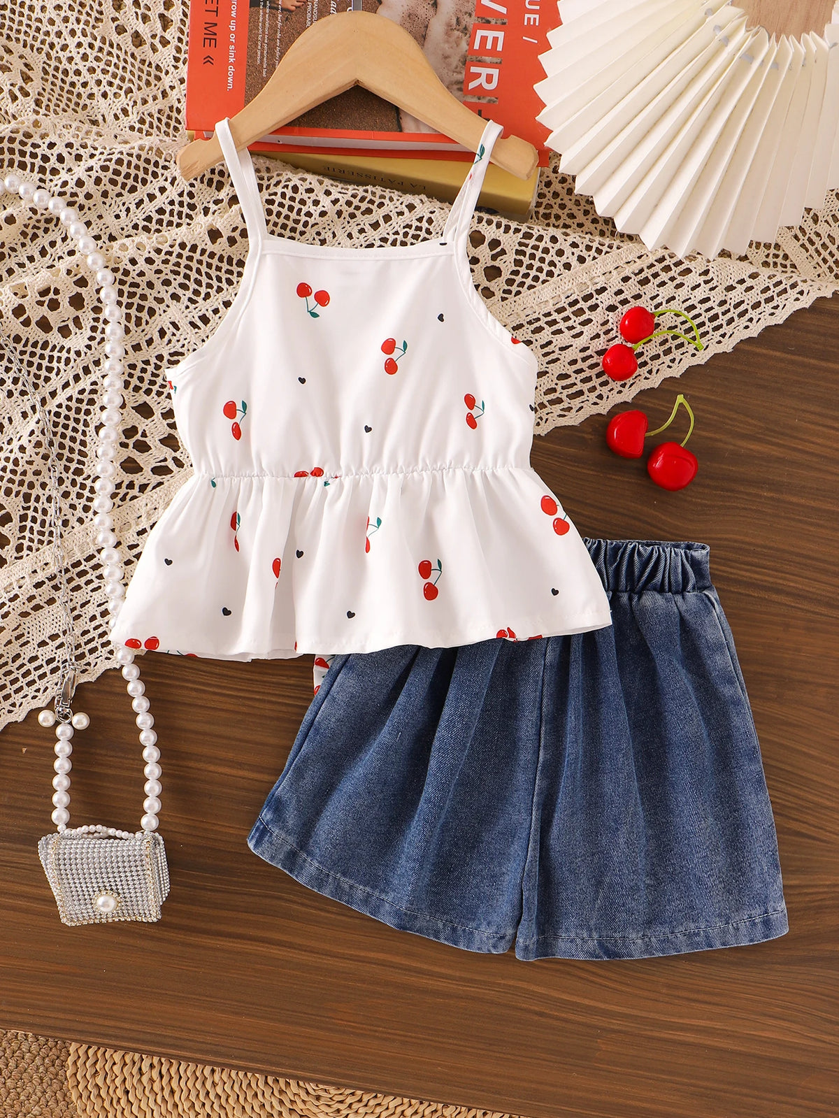 Cherry Bow Girls’ Peplum Cami & Denim Skort Set