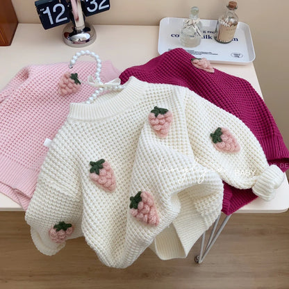Girls Strawberry Knit Sweater – Cozy Textured Pullover (2–7 Years), Round Neck