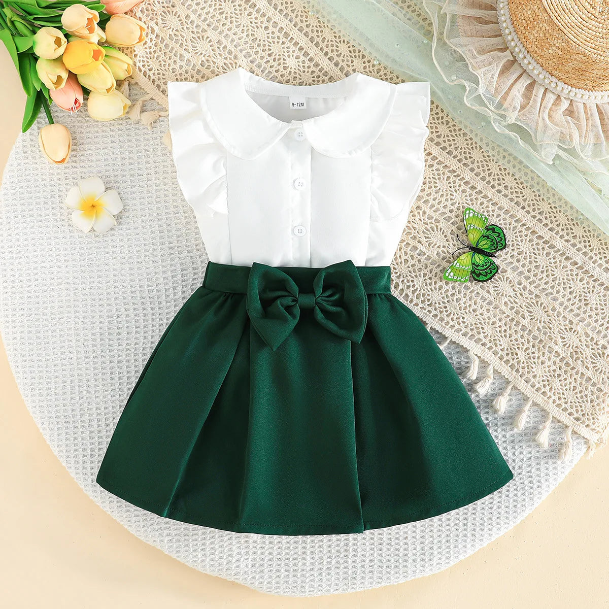 Rosette Ruffle Top & Pleated Skirt Set for Baby Girls