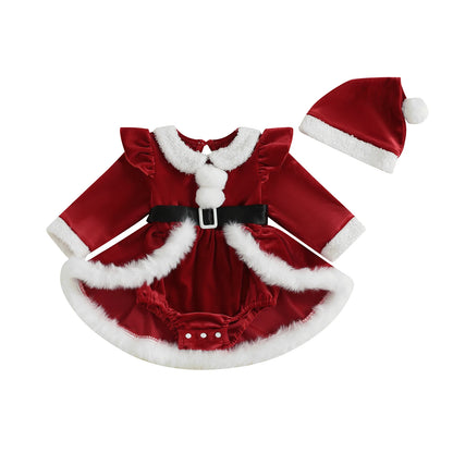Santa Romper Dress & Hat Christmas Set for Baby Girls