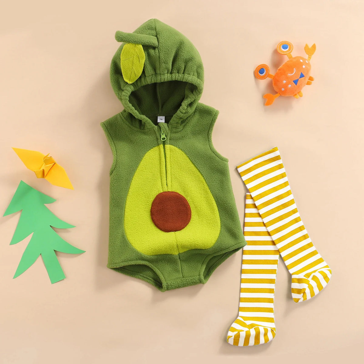 Avocado Hooded Fleece Romper & Striped Stockings Set