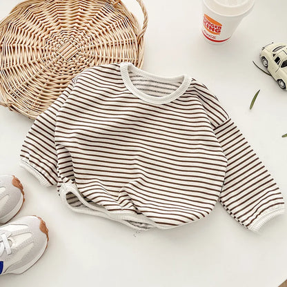 Striped Layering Tee & Denim Shortall Romper Set