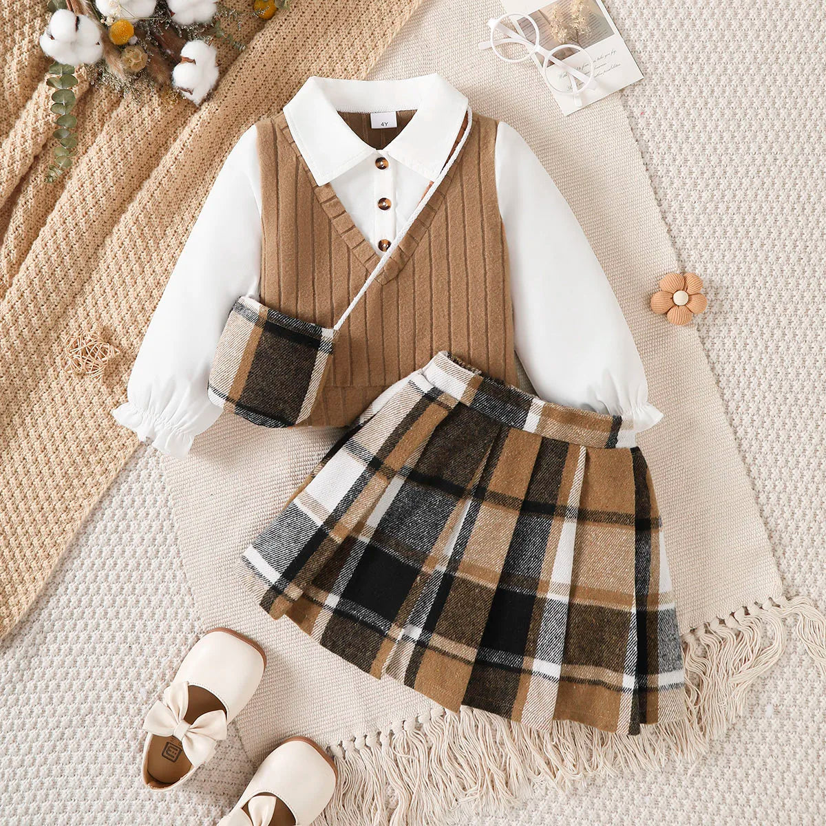 Preppy Knit Vest Blouse & Plaid Pleated Skirt Set for Girls