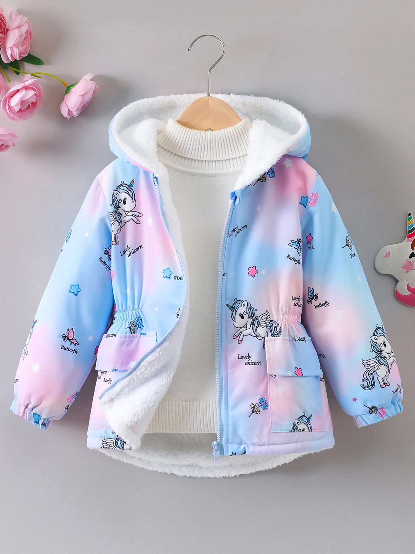 Little Girls’ Plush-Lined Unicorn Gradient Zip-Up Hoodie Jacket (4-7 years)