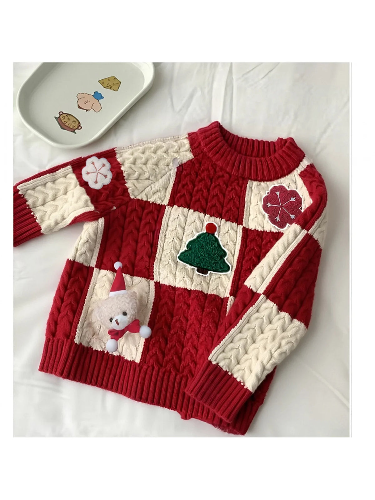 Red & Cream Christmas Patchwork Cable Knit Sweater for Kids