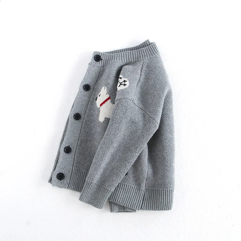 Unisex Kids Dog Knit Cardigan Sweater (18–24 Months to 8 Years) – Button-Front, Cozy Crew Neck