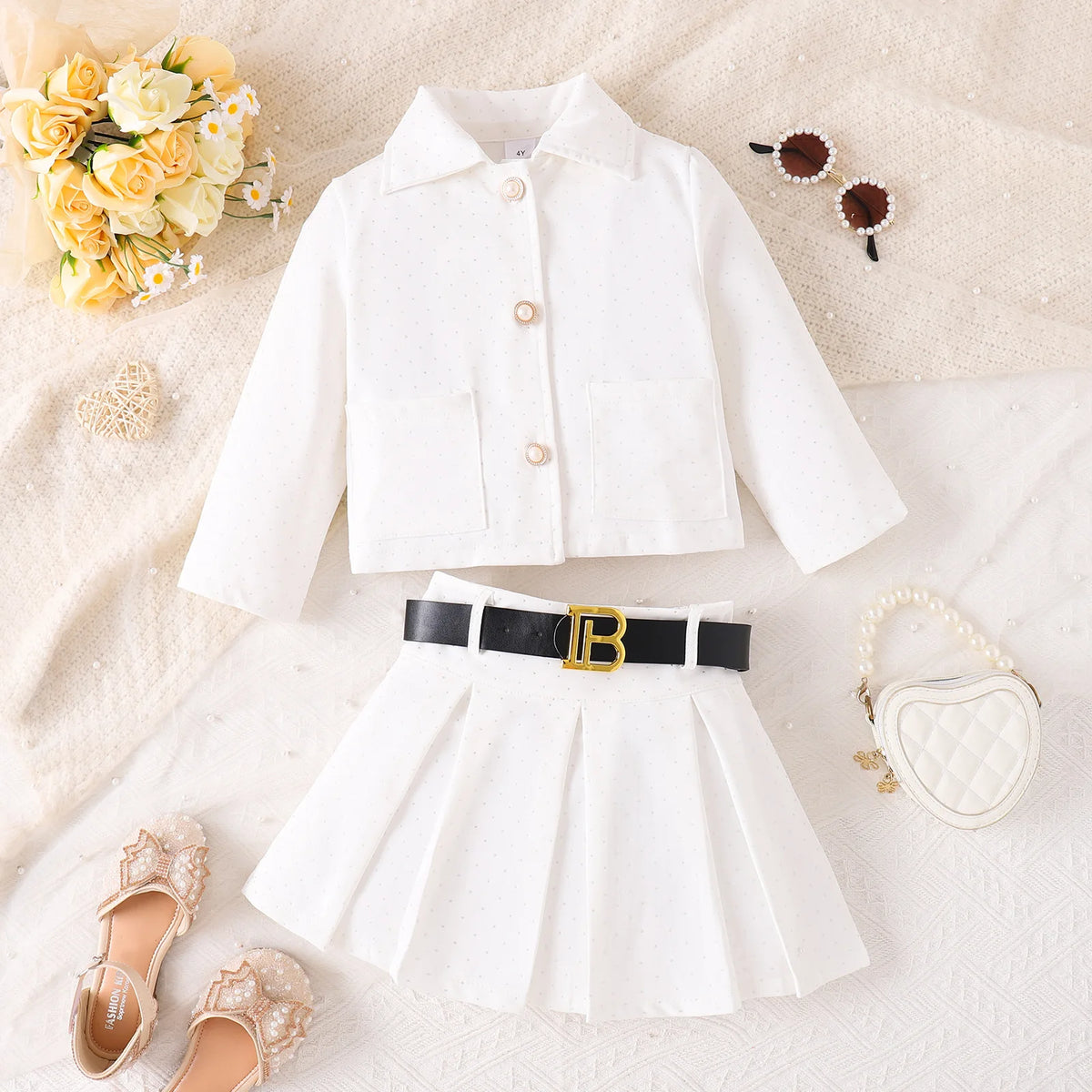 3D Rose Girls’ Blazer & Pleated Skirt Set