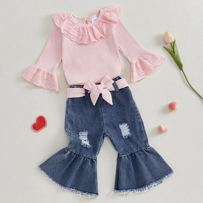 Eyelet Ruffle Romper & Flared Denim Pants Set for Baby Girls