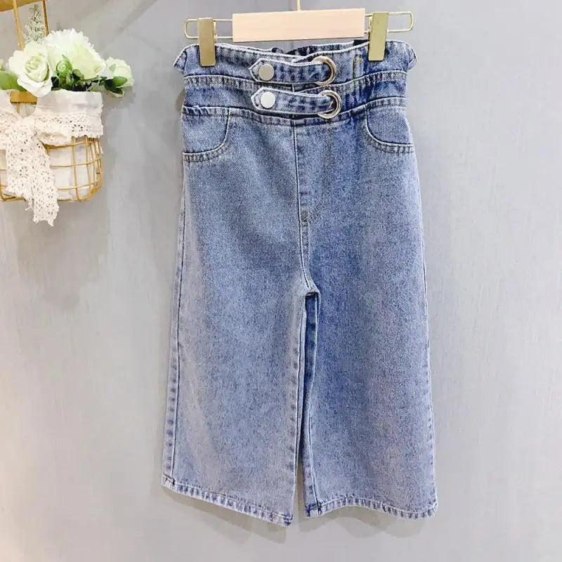 Double-Button D-Ring Wide-Leg Jeans for Girls