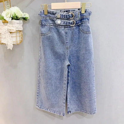 Double-Button D-Ring Wide-Leg Jeans for Girls