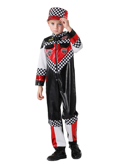 Costume Racing Driver Jumpsuit for Kids – Red & Checkered Race Car Dress-Up Set with Gloves