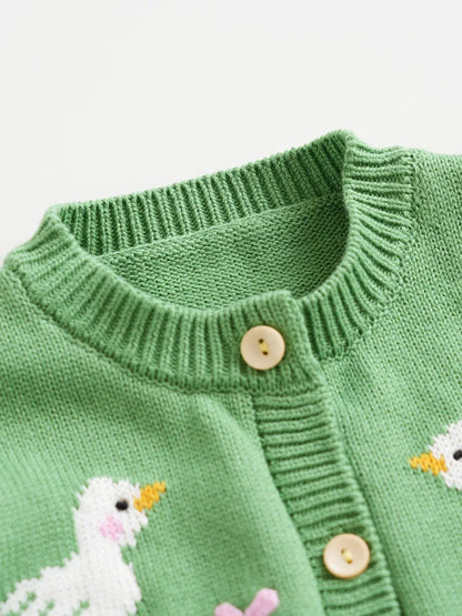 Baby & Toddler Girls Cotton Knit Cardigan (2–6 Years) – Button-Front Sweater with Duck Embroidery
