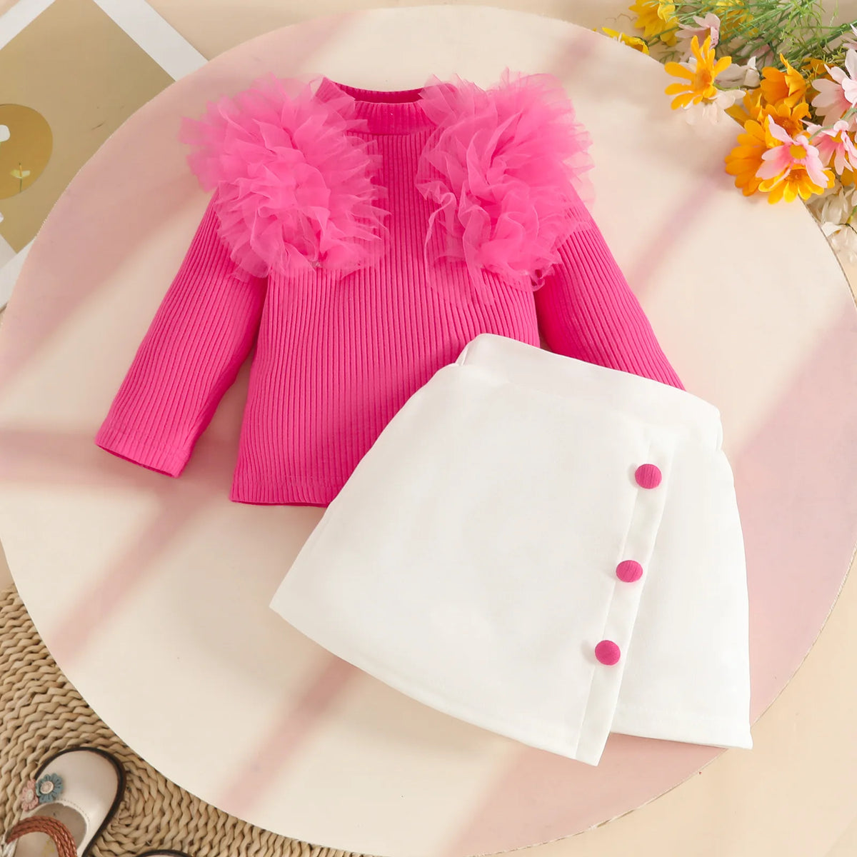 Floral Appliqué Ribbed Top & Pleated Shorts Set for Girls