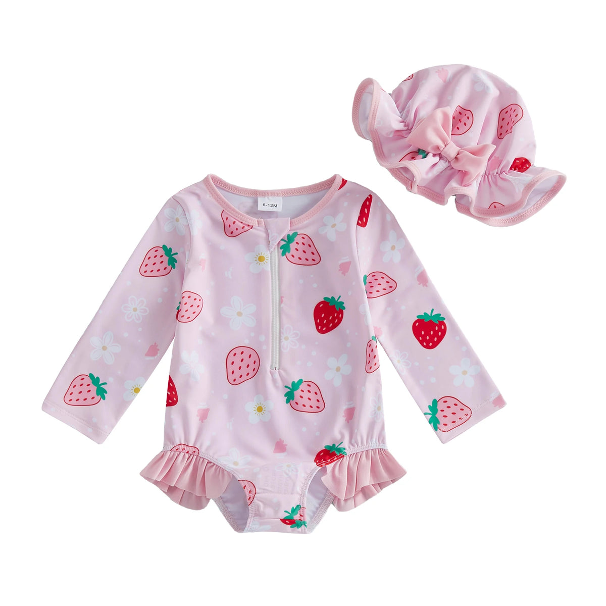 Strawberry Meadow Long-Sleeve Baby & Toddler Rash Guard Swimsuit with Sun Hat