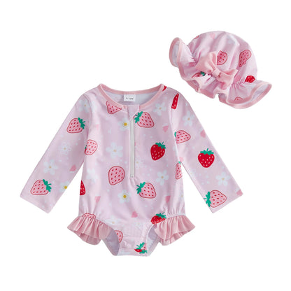 Strawberry Meadow Long-Sleeve Baby & Toddler Rash Guard Swimsuit with Sun Hat