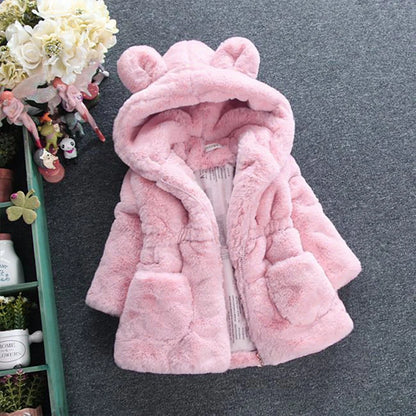 Bear-Ear Plush Hooded Winter Coat for Girls