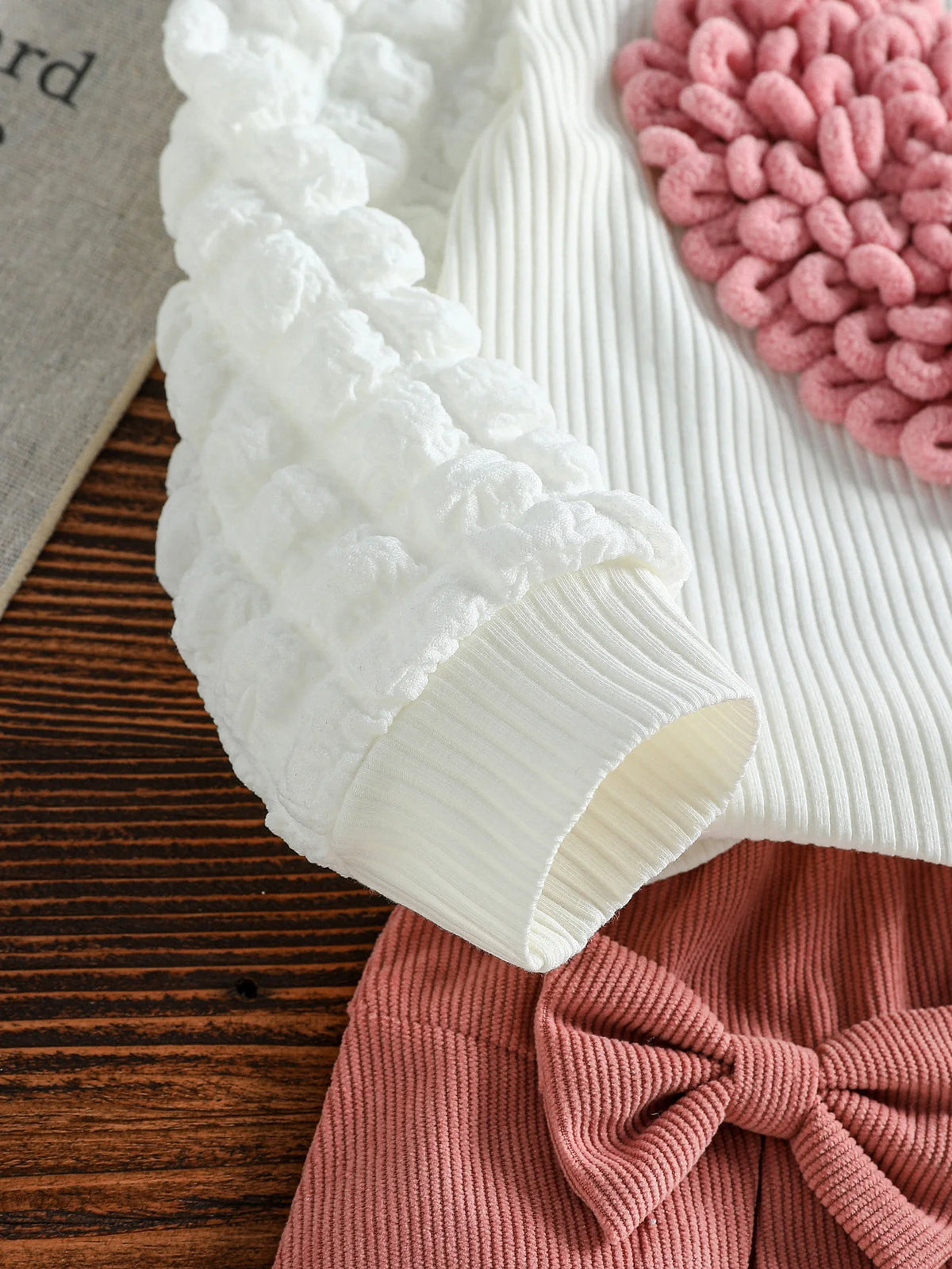3D Heart Textured Sleeve Top & Pleated Skirt Set for Girls