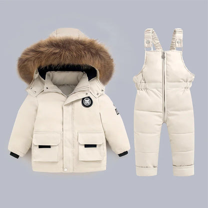 Faux Fur Hooded Down Jacket & Snow Bib Overalls Set for Kids