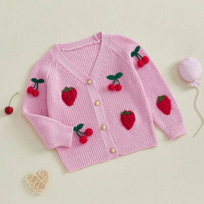 Cherry Knit Button-Up Cardigan for Toddlers and Kids – Soft V-Neck Sweater
