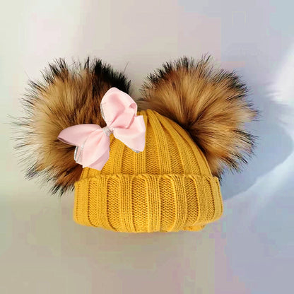 Double Pom Knit Beanie & Scarf Set with Bow