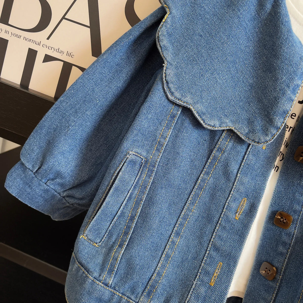 Scalloped Sailor Collar Denim Jacket for Girls