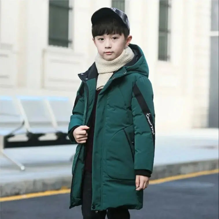 Contrast-Panel Longline Hooded Winter Coat for Boys