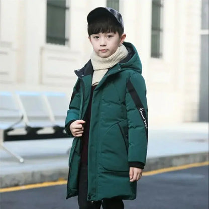 Contrast-Panel Longline Hooded Winter Coat for Boys
