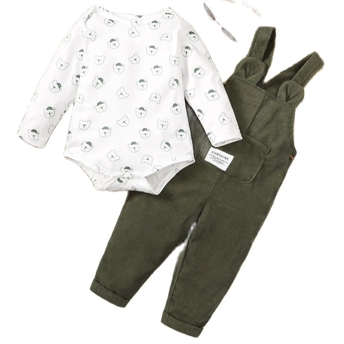 Bear Print Bodysuit & Ribbed Overalls Set