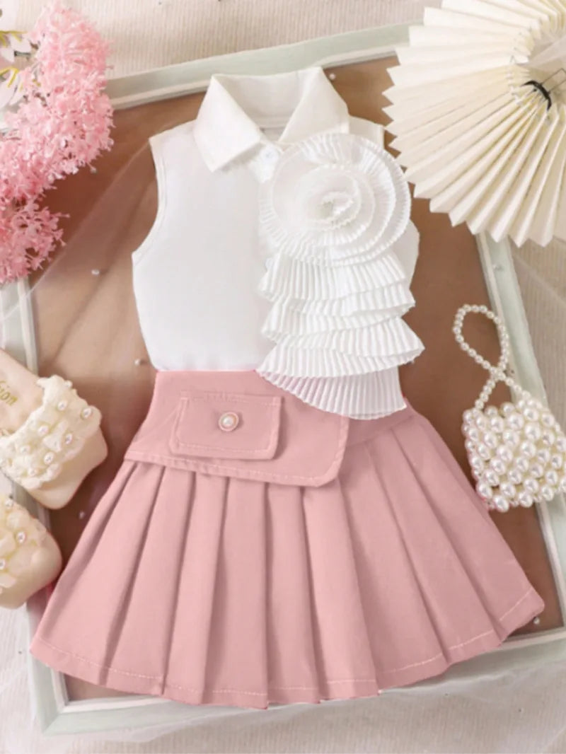 Rosette Ruffle Top & Pleated Skirt Set for Baby Girls