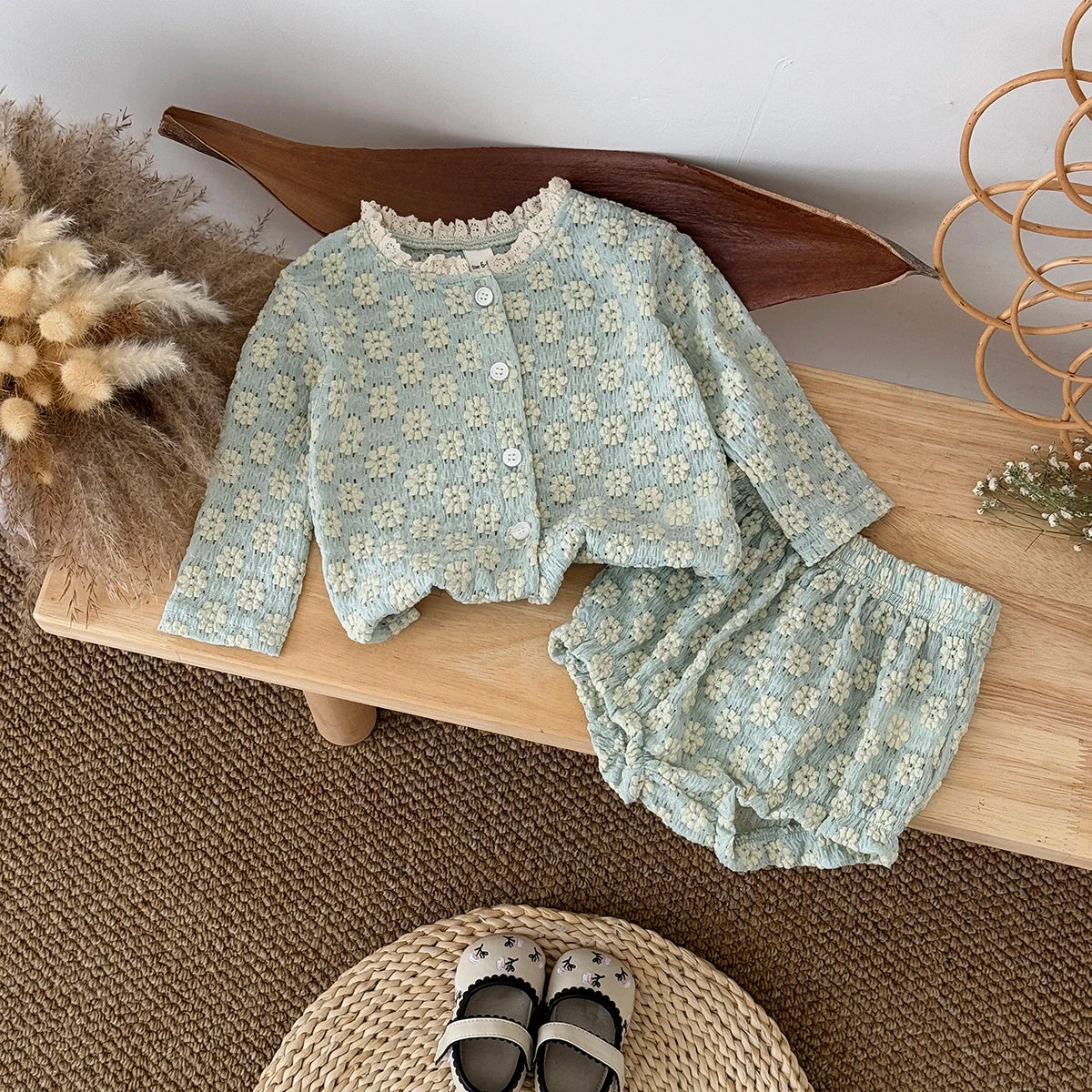 Textured Floral Button Top & Bloomer Set for Girls