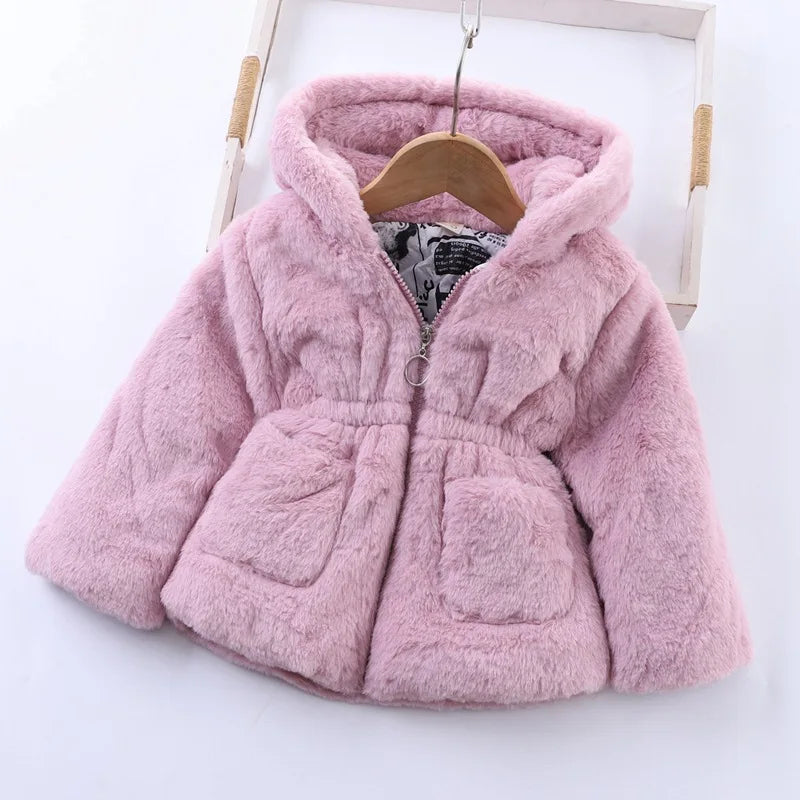 Baby Girls Sherpa Hooded Winter Coat with Pockets – Soft Plush Zip-Up Jacket