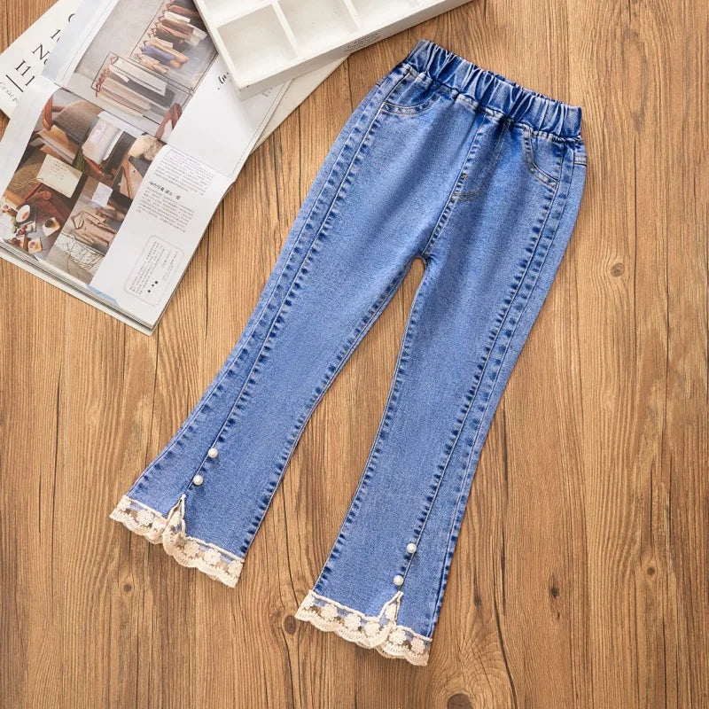 Girls’ Lace-Hem Bootcut Jeans with Pearl Accents