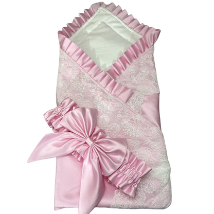 Lace-Trim Satin Baby Swaddle Blanket with Floral Bow