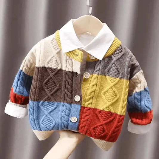 Colorblock Cable Knit Button-Up Cardigan for Kids