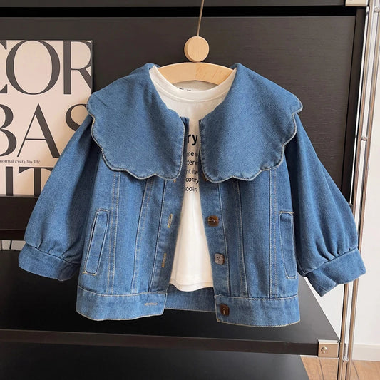 Scalloped Sailor Collar Denim Jacket for Girls