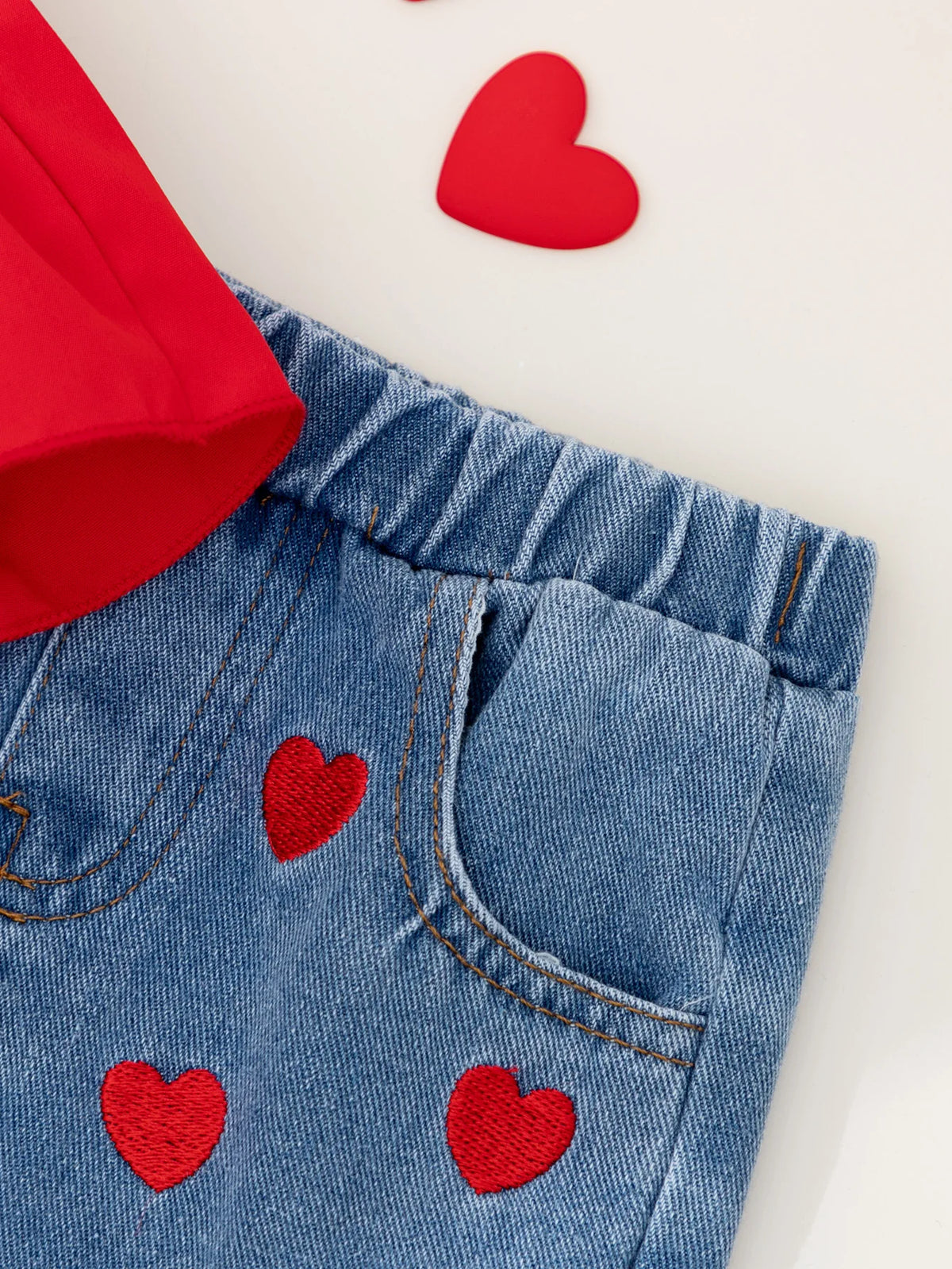 Bow-Shoulder Peplum Top & Heart Denim Shorts Set