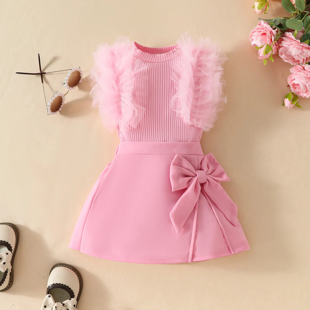 Floral Appliqué Ribbed Top & Pleated Shorts Set for Girls