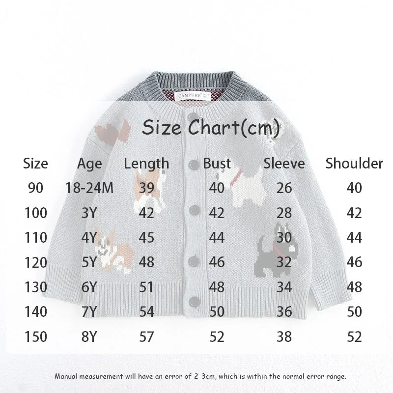 Unisex Kids Dog Knit Cardigan Sweater (18–24 Months to 8 Years) – Button-Front, Cozy Crew Neck