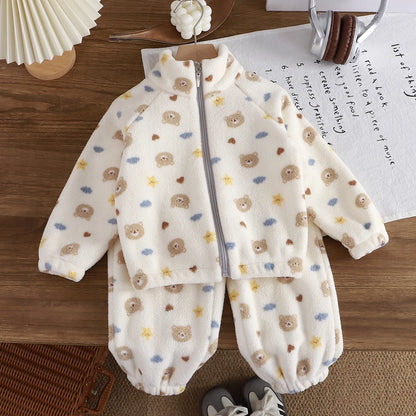 Cozy Fleece Two-Piece Lounge Set for Babies & Toddlers – Plush Cartoon Top + Matching Pants