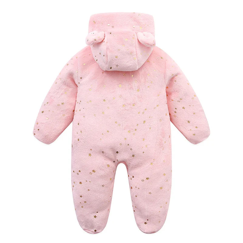 Plush Hooded Baby Jumpsuit – Cozy Flannel One-Piece with Bear Ears (0–12 Months)