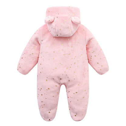 Plush Hooded Baby Jumpsuit – Cozy Flannel One-Piece with Bear Ears (0–12 Months)