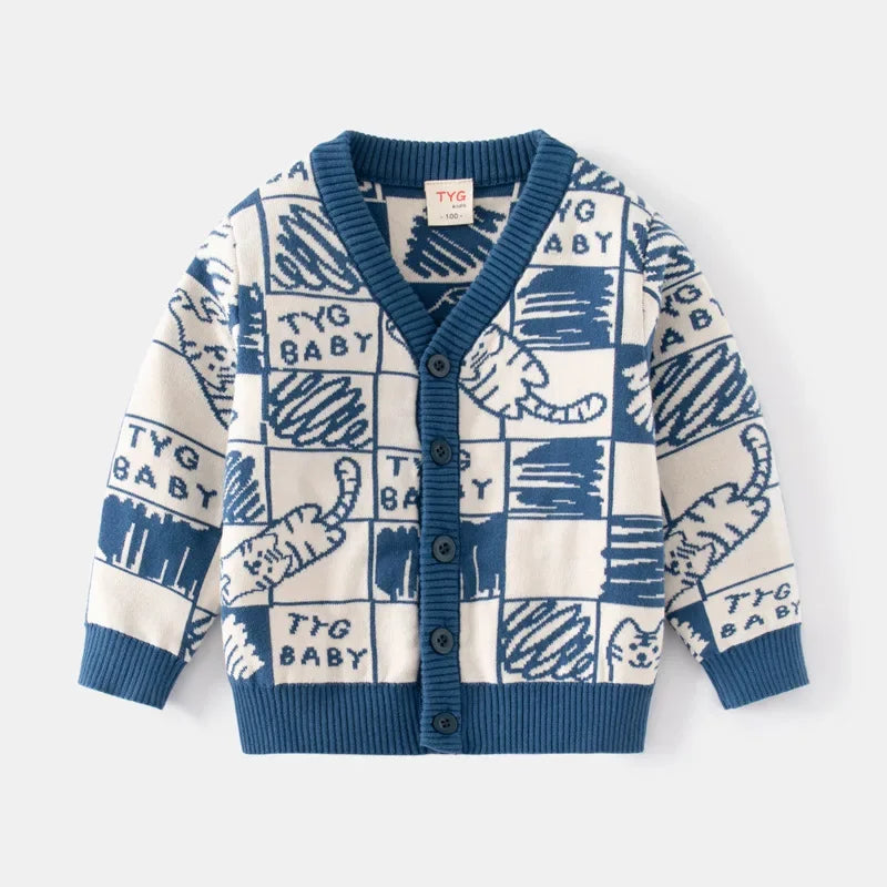 Unisex Kids Cotton Knit Cardigan Sweater (2–8 Years) – Button-Front V-Neck, Playful Prints