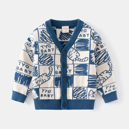 Unisex Kids Cotton Knit Cardigan Sweater (2–8 Years) – Button-Front V-Neck, Playful Prints