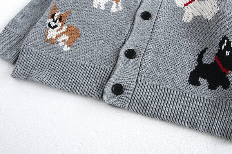 Unisex Kids Dog Knit Cardigan Sweater (18–24 Months to 8 Years) – Button-Front, Cozy Crew Neck