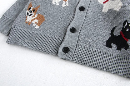 Unisex Kids Dog Knit Cardigan Sweater (18–24 Months to 8 Years) – Button-Front, Cozy Crew Neck