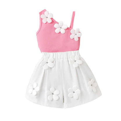 3D Daisy One-Shoulder Top & White Shorts Set for Girls