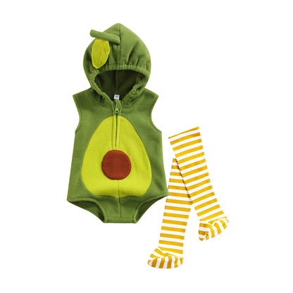 Avocado Hooded Fleece Romper & Striped Stockings Set